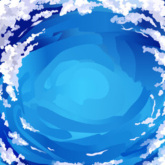 Abstract blue ocean is surrounded by clouds. Vector illustration.