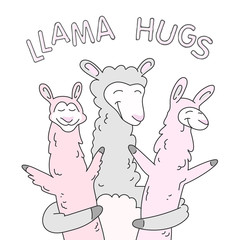 Cute smiling llama family illustration with text - llama hugs