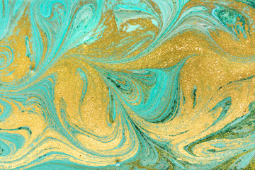 Beautiful gold and turquoise acrylic marble background.