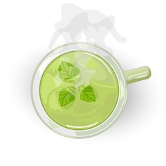Herbal curative healthy tea with mint in ceramic cup. Hot green beverage giving relaxation, recreation, calming. Vector cartoon icon isolated on white for teahouses, tearooms, packing, menu. Top view.