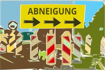 Abneigung - Konzept Wegweiser Gelbes Schild 14, Pfeile nach rechts - obrazy, fototapety, plakaty