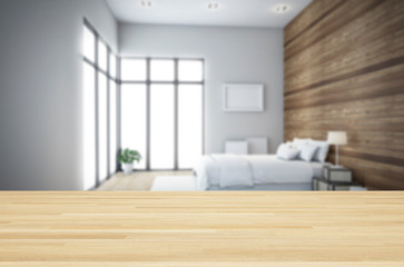 Wooden top with blurred room Design wall  garret Loft attic 3D rendering
