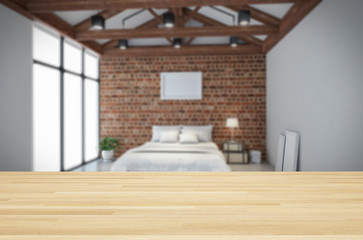 Wooden top with blurred room Design wall  garret Loft attic 3D rendering