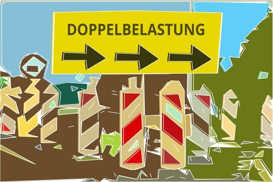 Doppelbelastung - Konzept Wegweiser Gelbes Schild 14, Pfeile nach rechts
