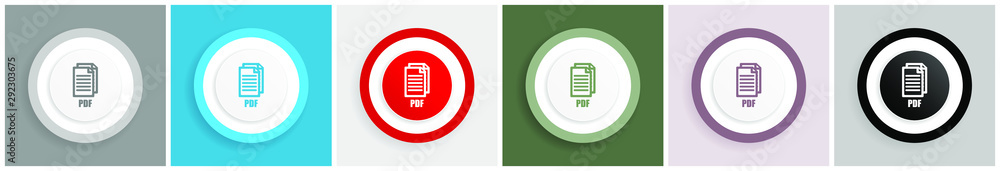 Aufkleber pdf icon set, colorful flat design vector illustrations in 6 options for web design and mobile appli