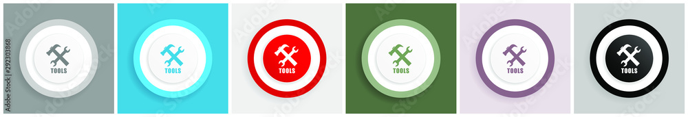 Poster Tools icon set, colorful flat design vector illustrations in 6 options for web design and mobile applications