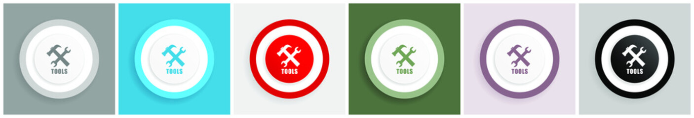 Tools icon set, colorful flat design vector illustrations in 6 options for web design and mobile applications