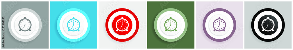 Poster Alarm clock icon set, colorful flat design vector illustrations in 6 options for web design and mobile applications