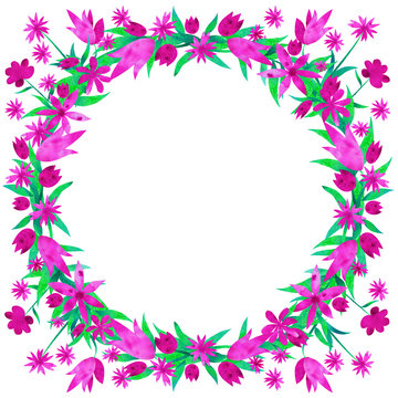Round frame with pink flowers and leaves. Hand-painted texture. Watercolor. Botanical composition.