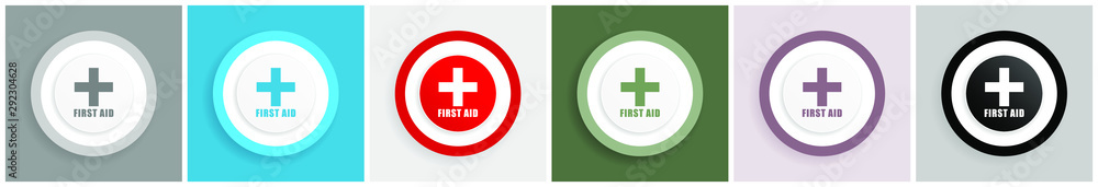 Poster first aid icon set, colorful flat design vector illustrations in 6 options for web design and mobile