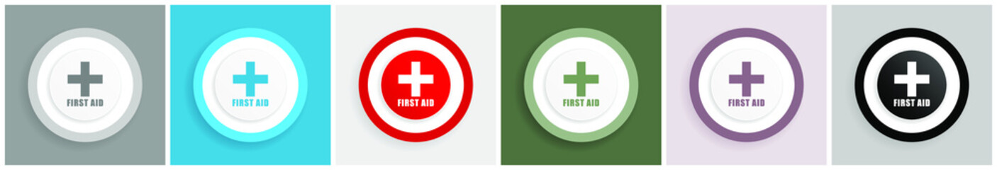Obraz premium First aid icon set, colorful flat design vector illustrations in 6 options for web design and mobile applications