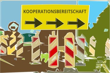 Kooperationsbereitschaft - Konzept Wegweiser Gelbes Schild 14, Pfeile nach rechts