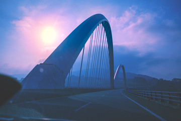 View of the bridge over the Navia river through the windscreen. Navia, Asturias, Spain. Beautiful...