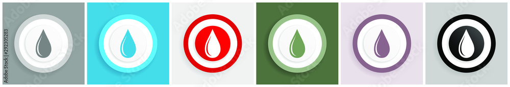 Poster water drop icon set, colorful flat design vector illustrations in 6 options for web design and mobil