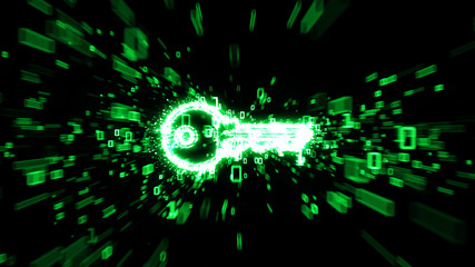 Digital key in cloud of green binary numbers illustrating digital encryption 