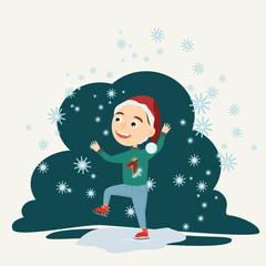 Cute boy in a Santa hat skates on ice on red skates. Winter fun. Rink. Christmas and New Year. Vector illustration of kids