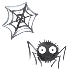 Watercolor Illustration of a spider and a web. Cute spider. Hand drawn. Isolated on white background. Halloween illustration
