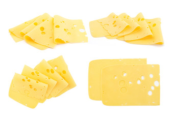 Yellow cheese set collection slice isolated on a white background.