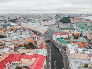 Aerial photography of the Moika river, city center, historical residential development, St. Petersburg, Russia.