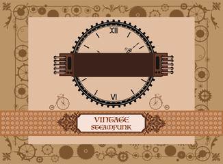 Frame vintage, steampunk mechanical clock with cogs, gears menu invitation
