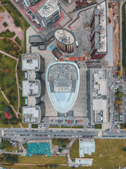 26.07.2019 St. Petersburg, Russia - Aerial photo of a glass skyscraper business center, Bank, Central tower and two buildings of hotel and restaurant complex.
