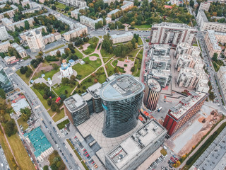 26.07.2019 St. Petersburg, Russia - Aerial photo of a glass skyscraper business center, Bank, Central tower and two buildings of hotel and restaurant complex.