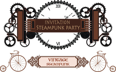 Fototapeta premium Steampunk frame background, vintage mechanical clock with cogs, gears menu invitation