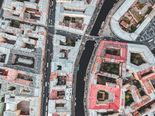 Aerial photography of the historic city center, rooftops, St. Petersburg, Russia.