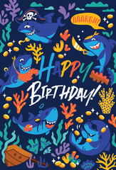 Obraz na płótnie Canvas Happy Birthday greeting card with cartoon sharks pirate in comic style