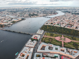 Aerial photography of the Neva river, passenger ships, St. Petersburg, Russia.