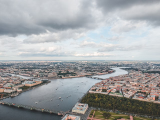 Aerial photography of the Neva river, passenger ships, St. Petersburg, Russia.