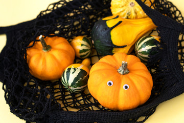 A small decorative pumpkins of a fancy shape in a black color string shopping bag for a supermarket. Concept of autumn harvest festival and Halloween