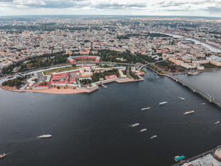 Aerial photography of the Neva river, Peter and Paul fortress, passenger ships, St. Petersburg, Russia.