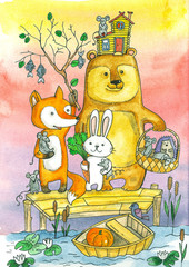 forest animals, namely-bear, Fox, hare, hedgehog and mouse, standing on the shore. Watercolor illustration with forest dwellers