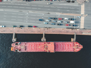 Aerial photography of a cargo ship moored at the waterfront, St. Petersburg, Russia.
