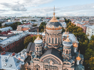 Aerial photo Church of the assumption, the gilded dome, Orthodox Church, historic city centre, Vasileostrovskiy island, St. Petersburg, Russia.