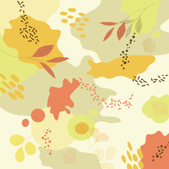 A popular, autum abstract background with spots and leaves. Spotty textures with autumn design. Vector pattern with bright leaves.