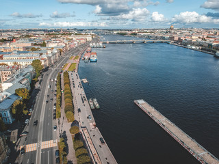 Aerial photography Neva river embankment, historical city center, St. Petersburg, Russia.