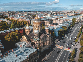 Aerial photo Church of the assumption, the gilded dome, Orthodox Church, historic city centre, Vasileostrovskiy island, St. Petersburg, Russia.