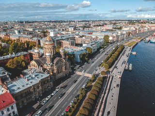 Aerial photography Neva river embankment, historical city center, St. Petersburg, Russia.