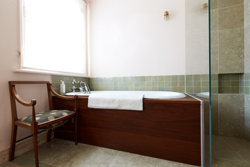 Fototapeta na wymiar Empty Interior Of Contemporary Bathroom With Bath And Shower