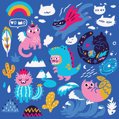 Set with different hand drawn kawaii cats, mermaid, unicorn, dinosaur and super hero. Vector illustration