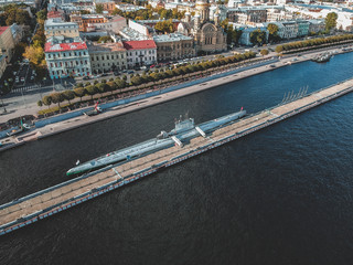 Aerial photography submarine Museum, city center, Neva river, St. Petersburg, Russia.