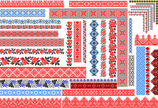 Set of editable Ukrainian traditional seamless ethnic patterns for embroidery stitch. Vintage floral and geometric ornaments. 