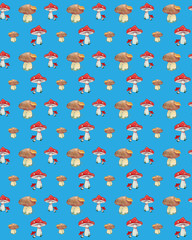 Seamless pattern Watercolor forest mushroom with autumn leaf on the cap in grass. Element of botanical hand drawn fall season illustration.