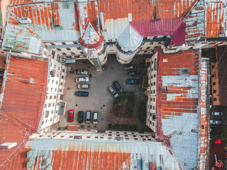 Aerial photography of roofs, residential buildings, Flatley, St. Petersburg, Russia.