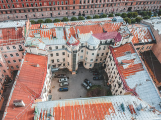 Aerial photography of roofs, residential buildings, Flatley, St. Petersburg, Russia.