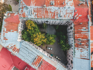 Aerial photography of roofs, residential buildings, Flatley, St. Petersburg, Russia.
