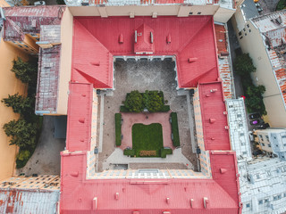 Aerial photography of roofs, residential buildings, Flatley, St. Petersburg, Russia.