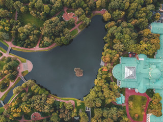Aerial photography of a Park with a lake and a Palace on the shore, St. Petersburg, Russia.